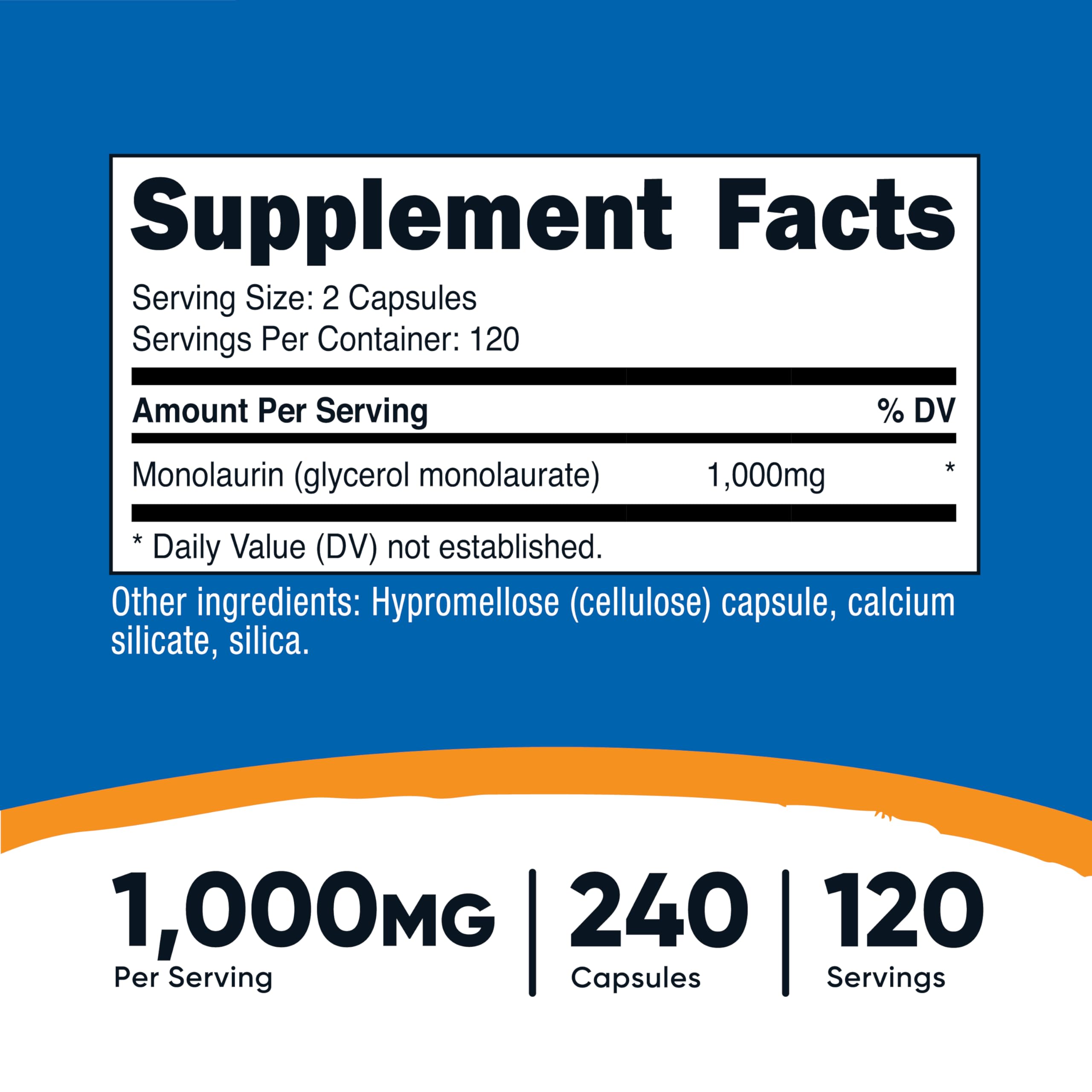 Nutricost Monolaurin capsules closeup highlighting 240 capsules per two-pack for consistent daily support.