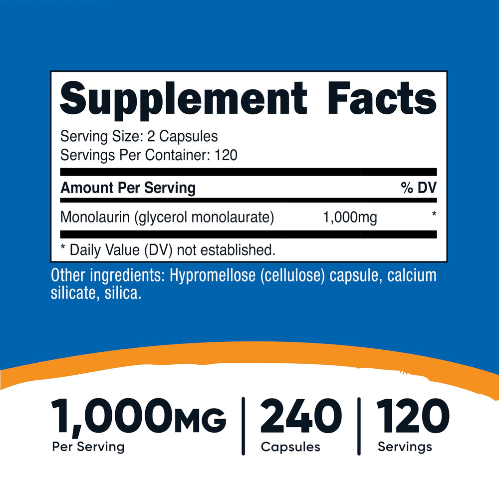 Nutricost Monolaurin capsules closeup highlighting 240 capsules per two-pack for consistent daily support.