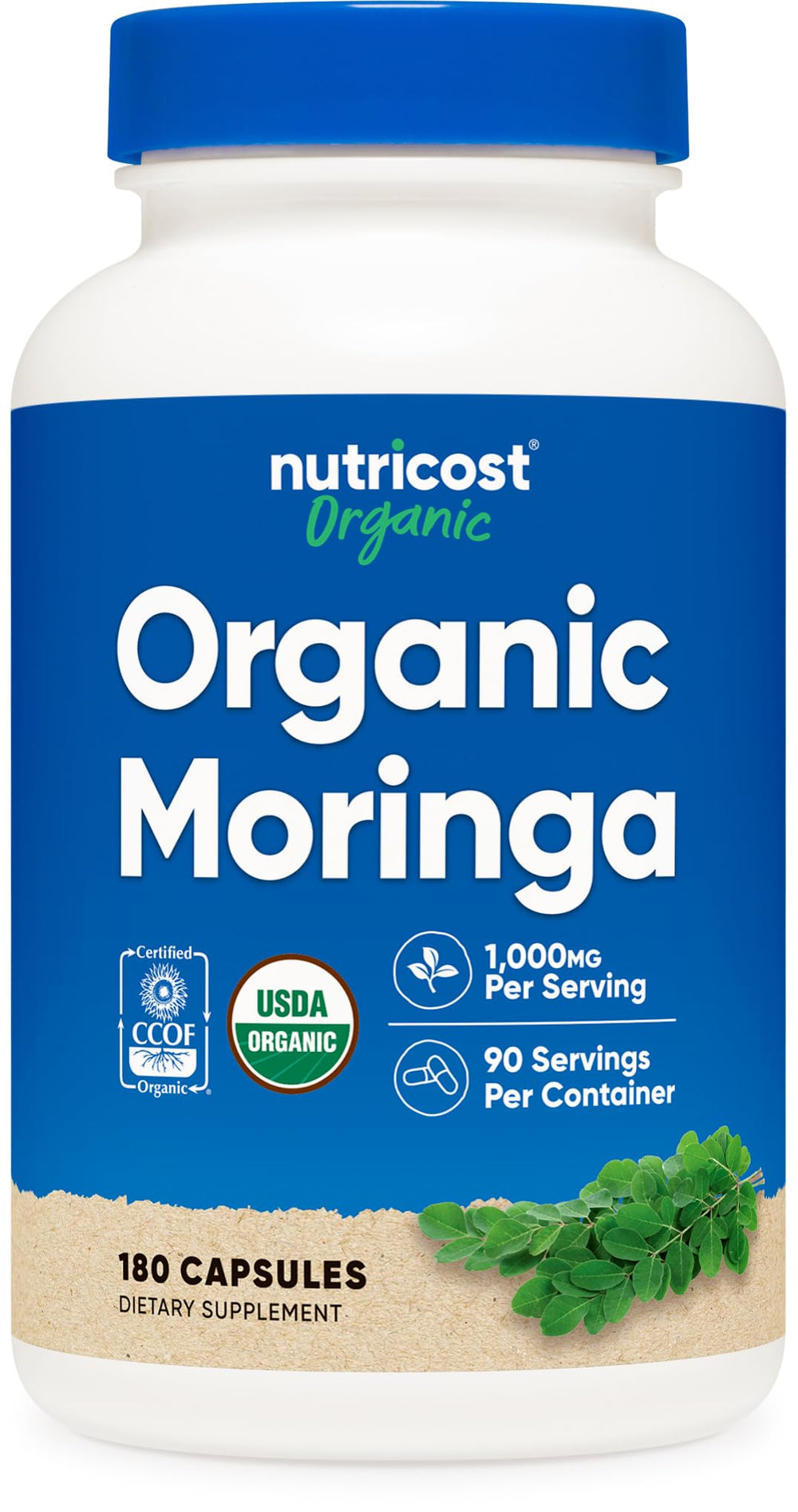 Nutricost Moringa capsules bottle front view, 500 mg per capsule, vegetarian.