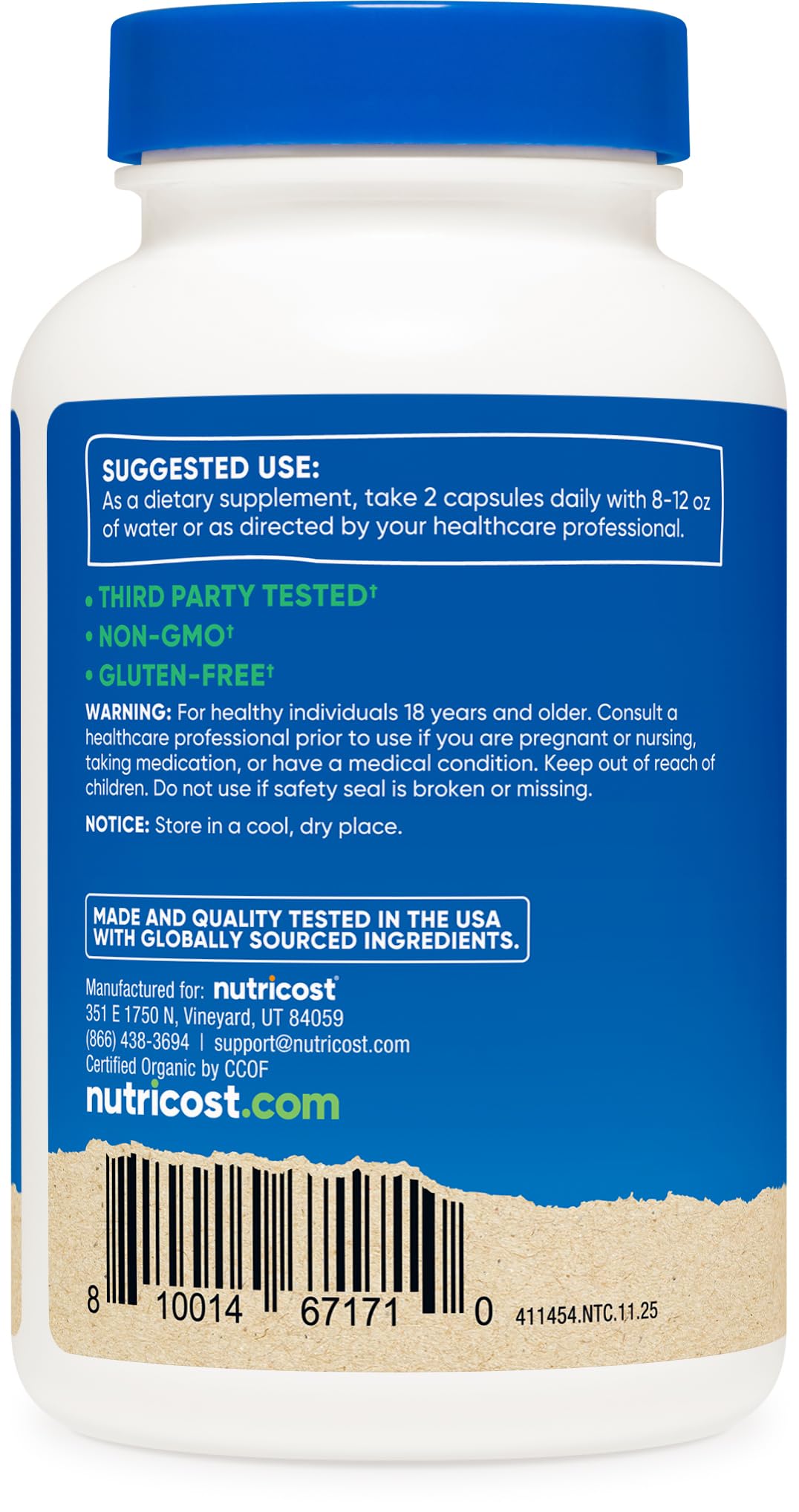 Nutricost Moringa label close-up highlighting plant-based formula.