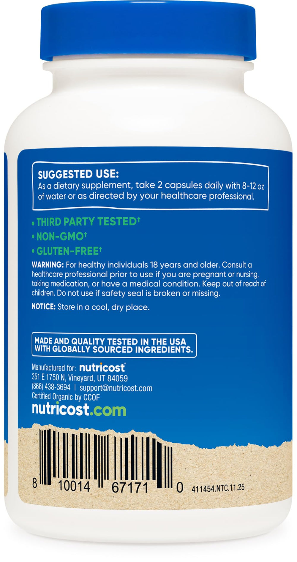 Nutricost Moringa label close-up highlighting plant-based formula.