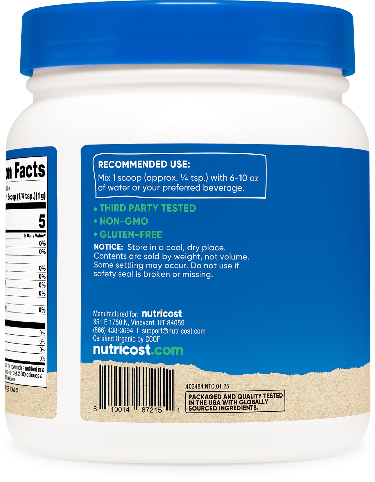 Nutricost Moringa powder gluten-free and vegan-friendly packaging label
