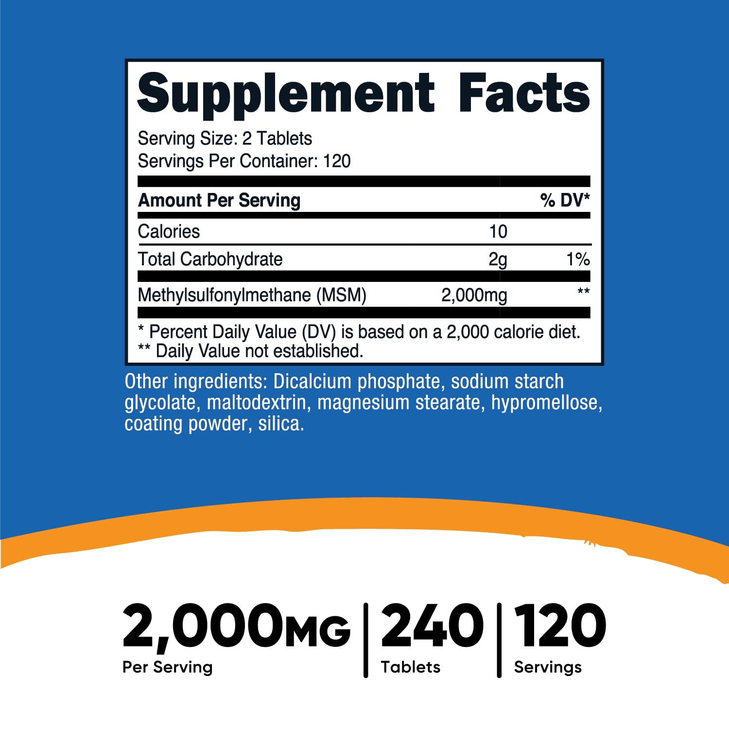 Nutricost MSM tablets stack showing 120-serving supply for convenient dosing