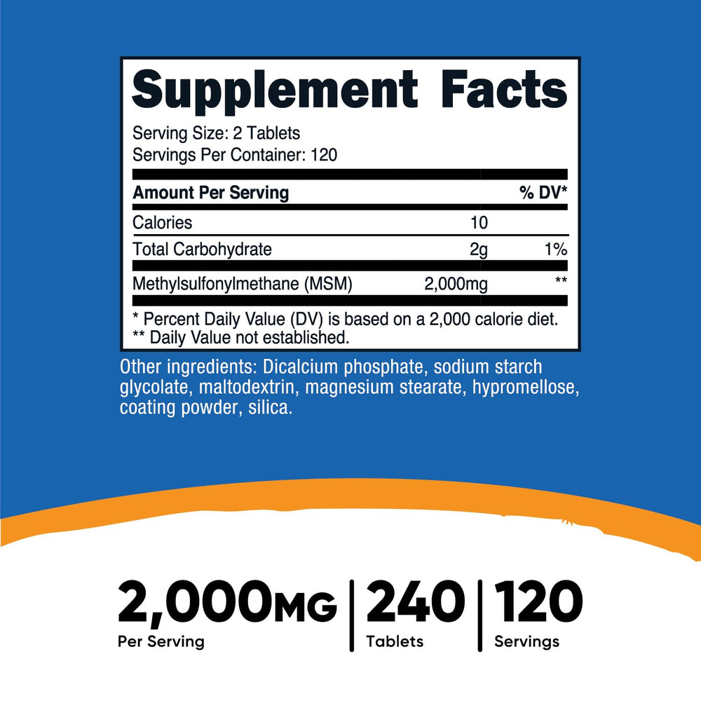Nutricost MSM tablets stack showing 120-serving supply for convenient dosing