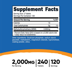 Nutricost MSM tablets stack showing 120-serving supply for convenient dosing