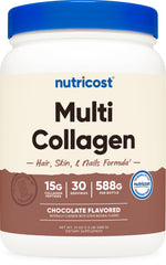 Nutricost multi collagen beauty powder in milk chocolate tub for shakes and smoothies