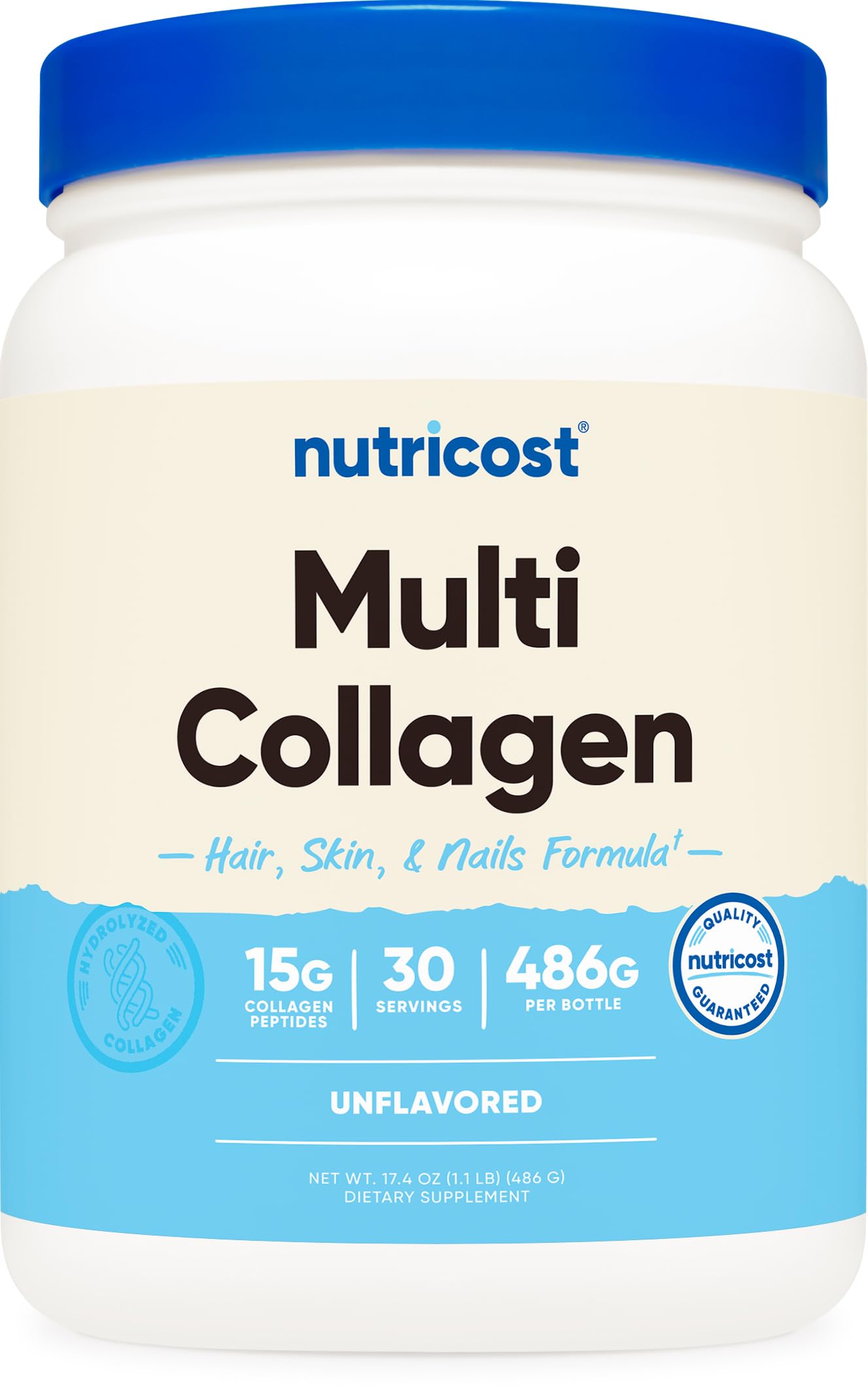 Nutricost Multi Collagen Protein Complex bottle shows unflavored formula ready for versatile mixing