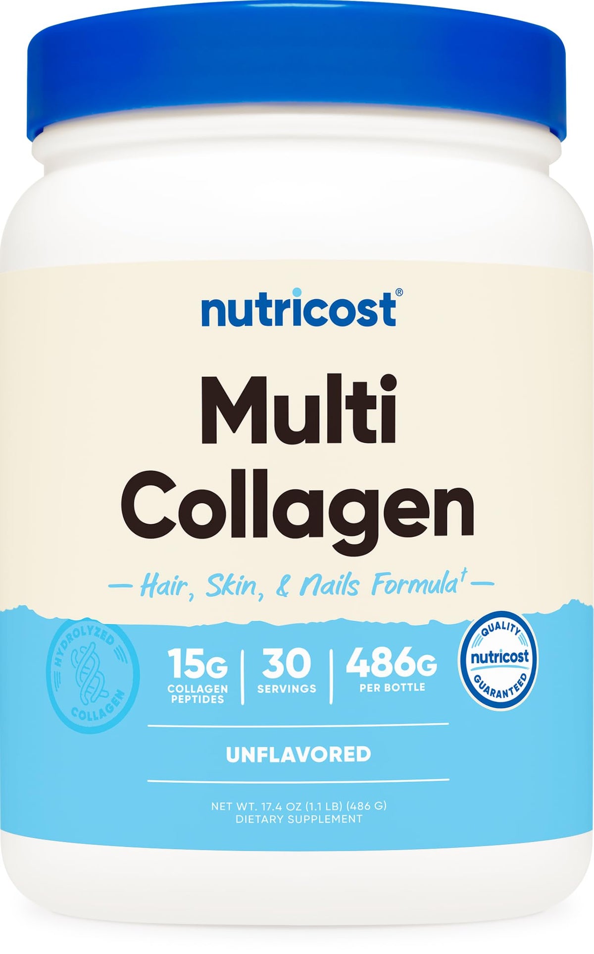Nutricost Multi Collagen Protein Complex bottle shows unflavored formula ready for versatile mixing