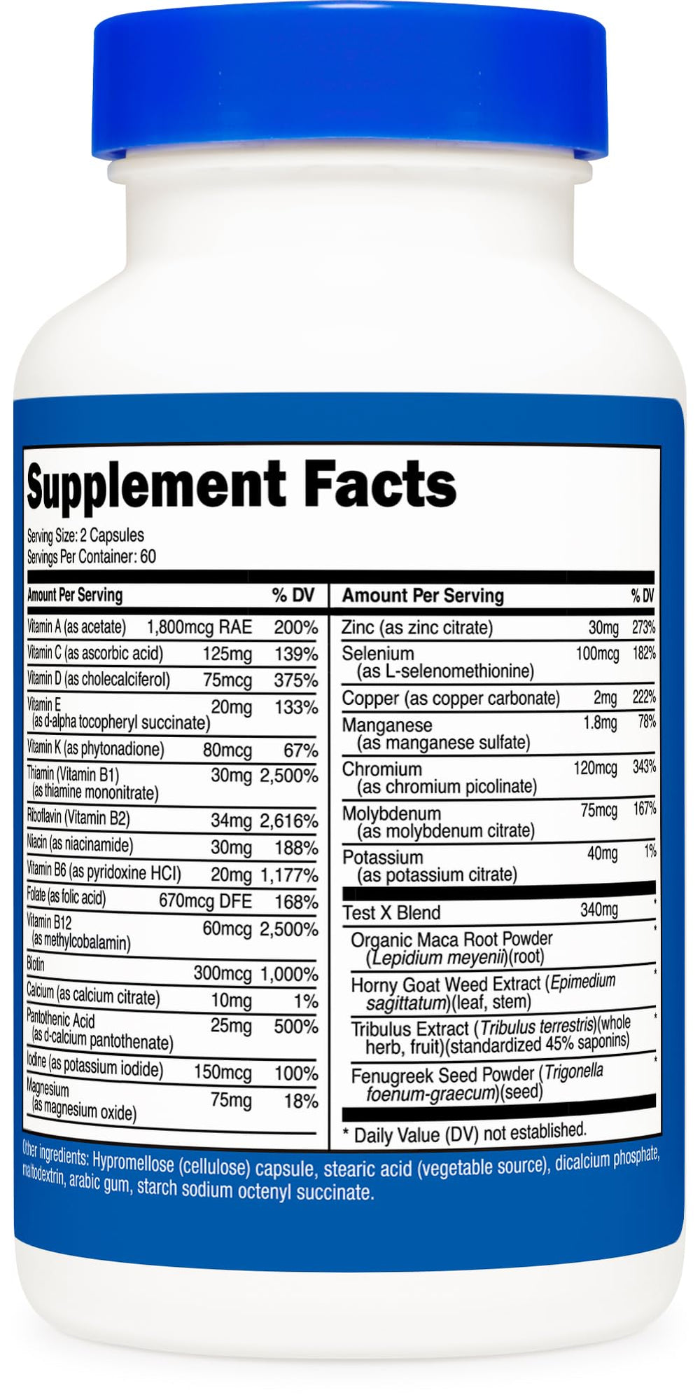 Nutricost Multivitamin for Men ingredient chart highlighting vitamins and minerals