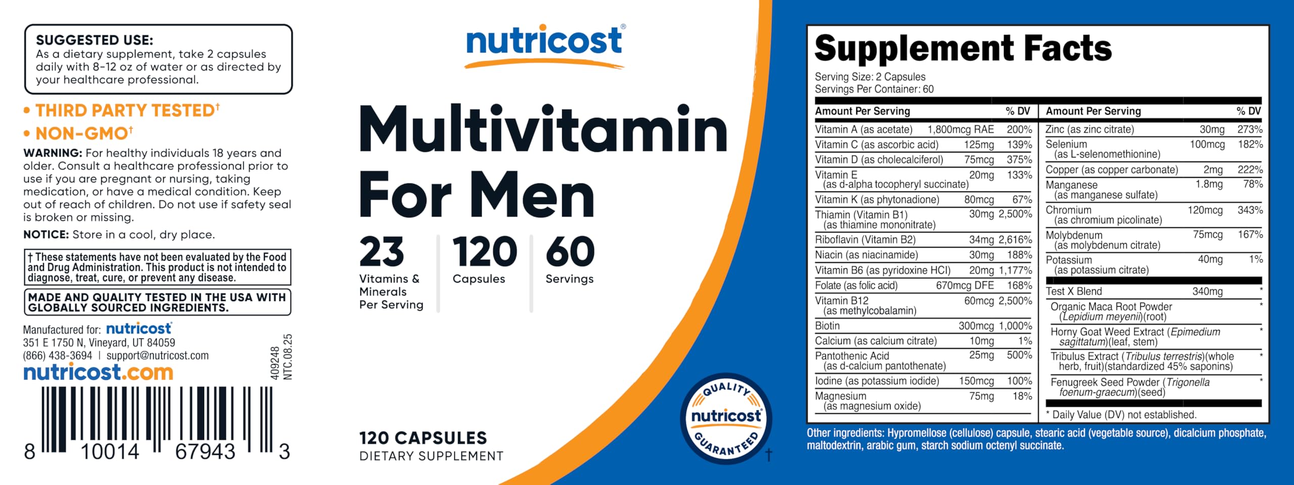 Nutricost Multivitamin for Men packaging emphasizing quality and standards