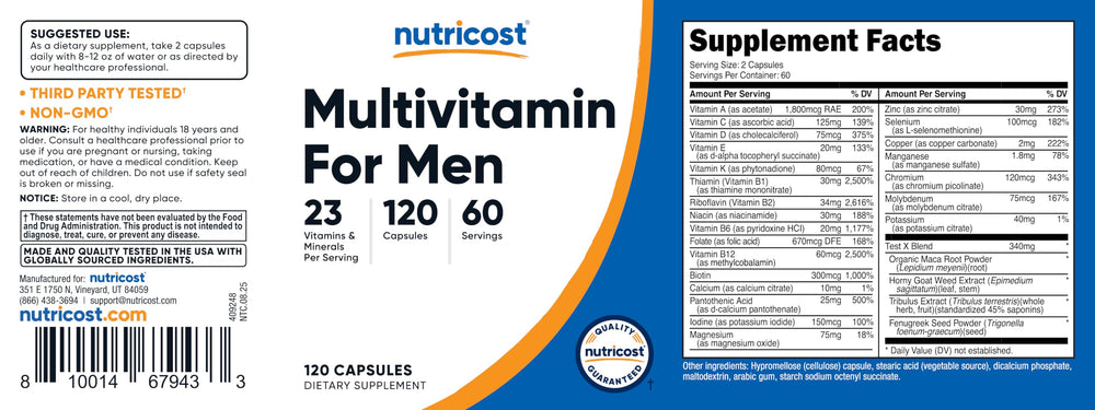 Nutricost Multivitamin for Men packaging emphasizing quality and standards