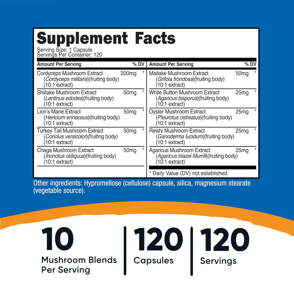 Nutricost Mushroom Complex capsules close-up, easy-to-swallow for daily use.