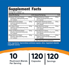 Close-up of Nutricost Mushroom Complex capsules highlighting easy daily servings