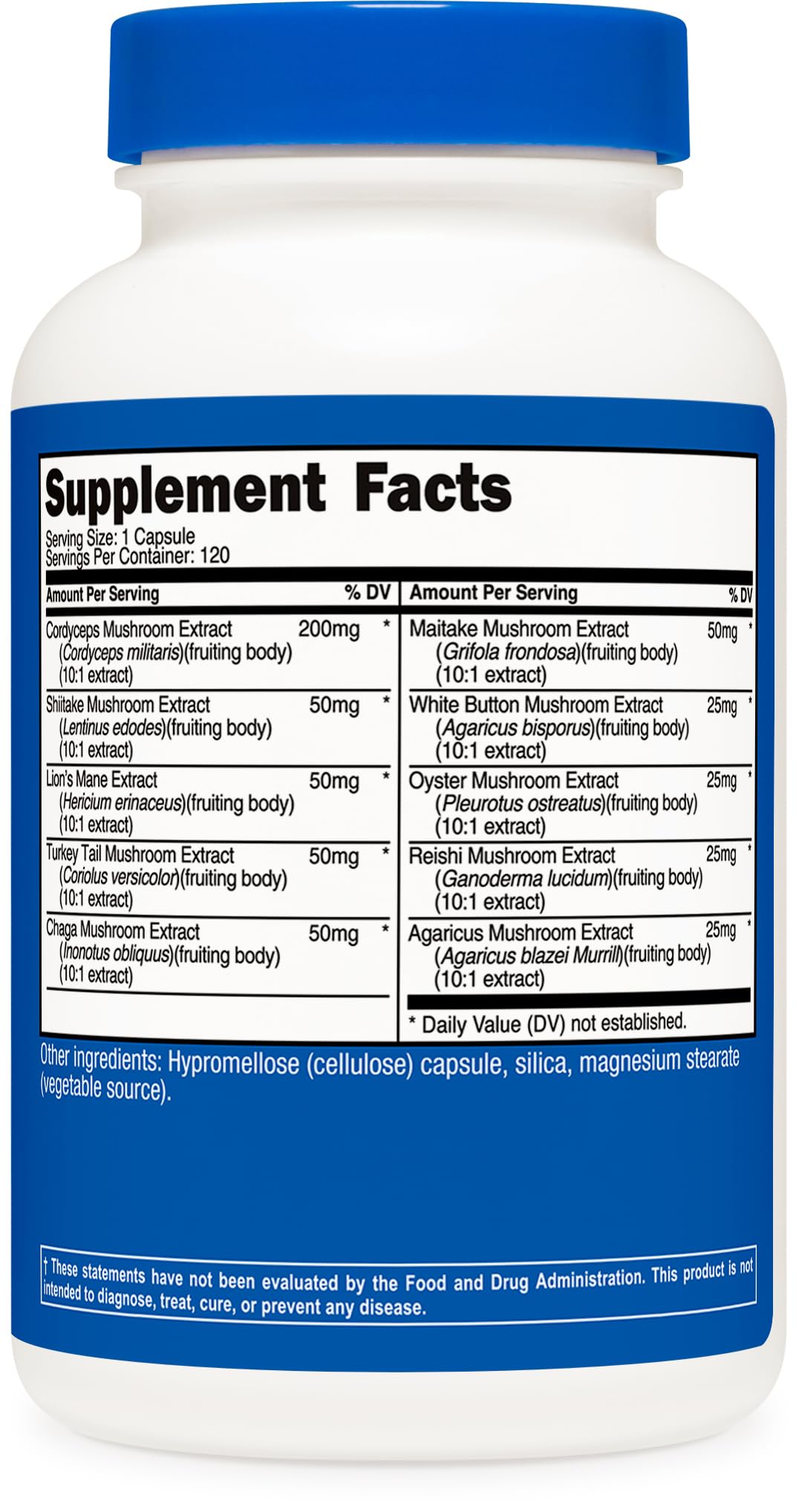 Nutricost Mushroom Complex packaging box emphasizing safety certifications