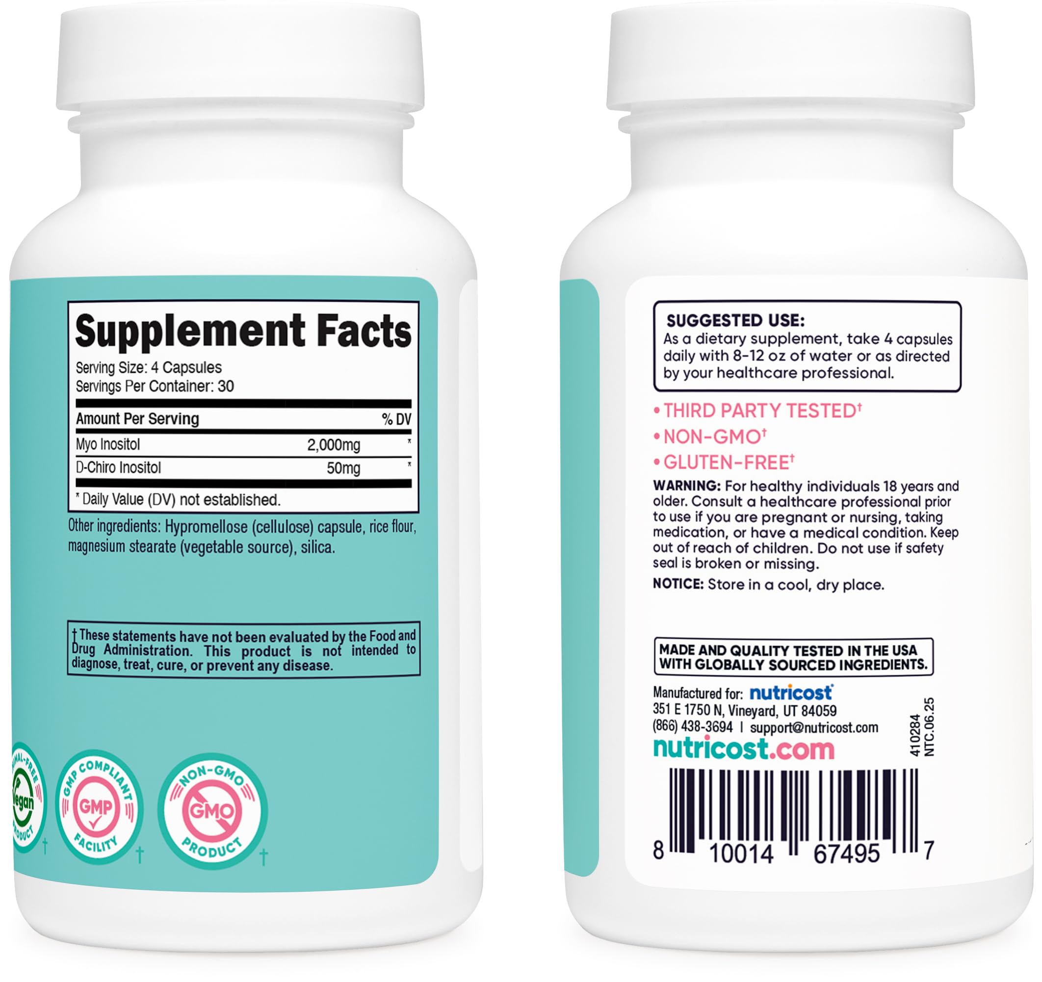 Serving-size visual with Nutricost bottle and capsules for 30 servings.