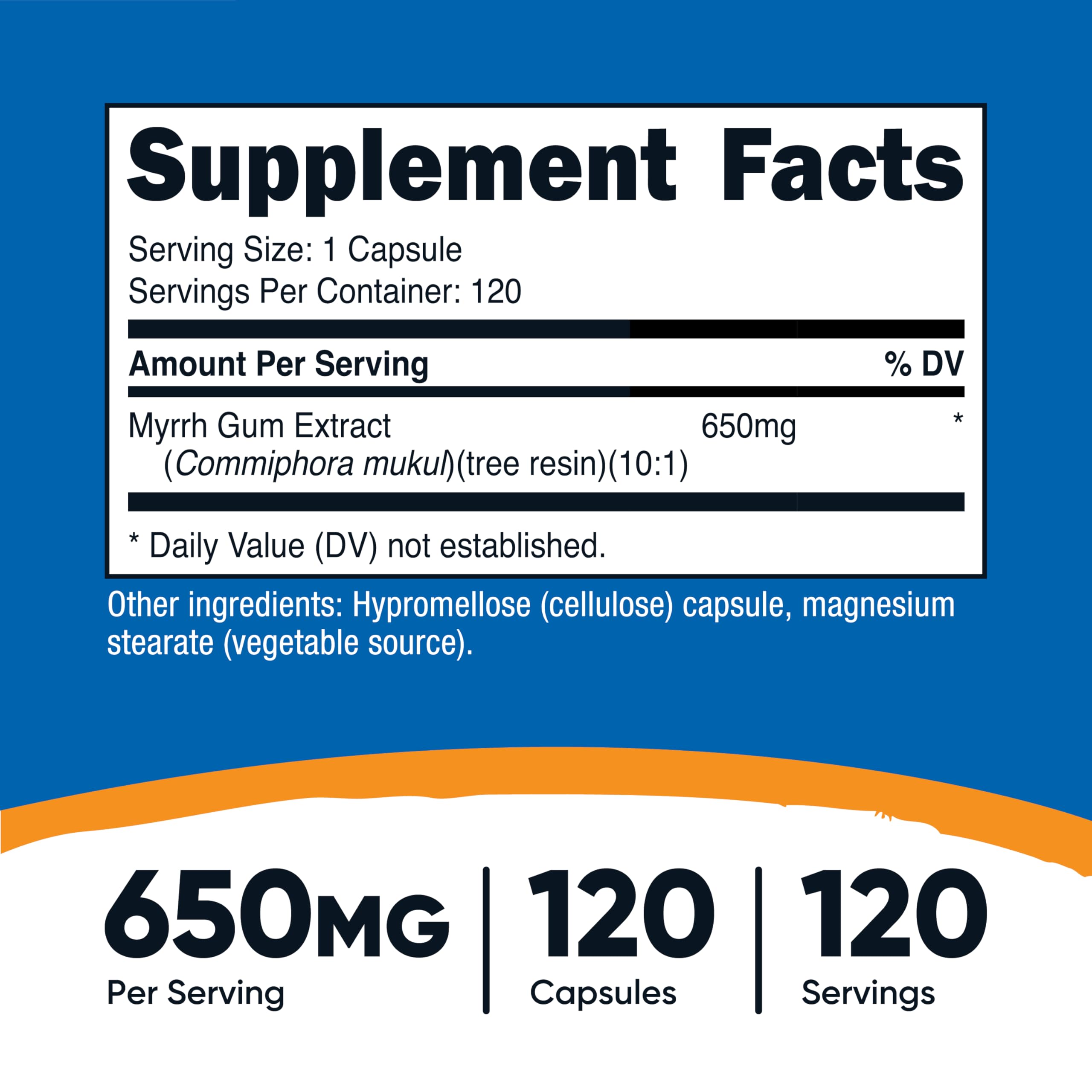 Close-up of Nutricost Myrrh Extract capsules highlighting easy-to-swallow format