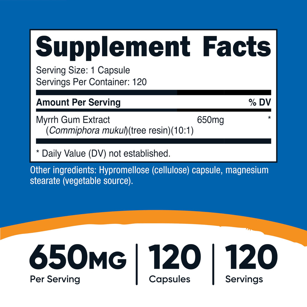 Close-up of Nutricost Myrrh Extract capsules highlighting easy-to-swallow format