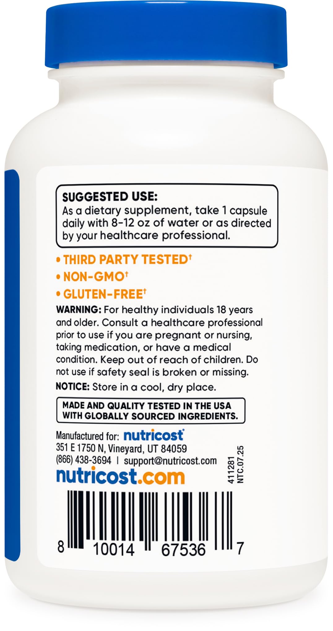 Nutricost NAC 600 mg, cápsulas veganas fabricadas en instalación certificada.