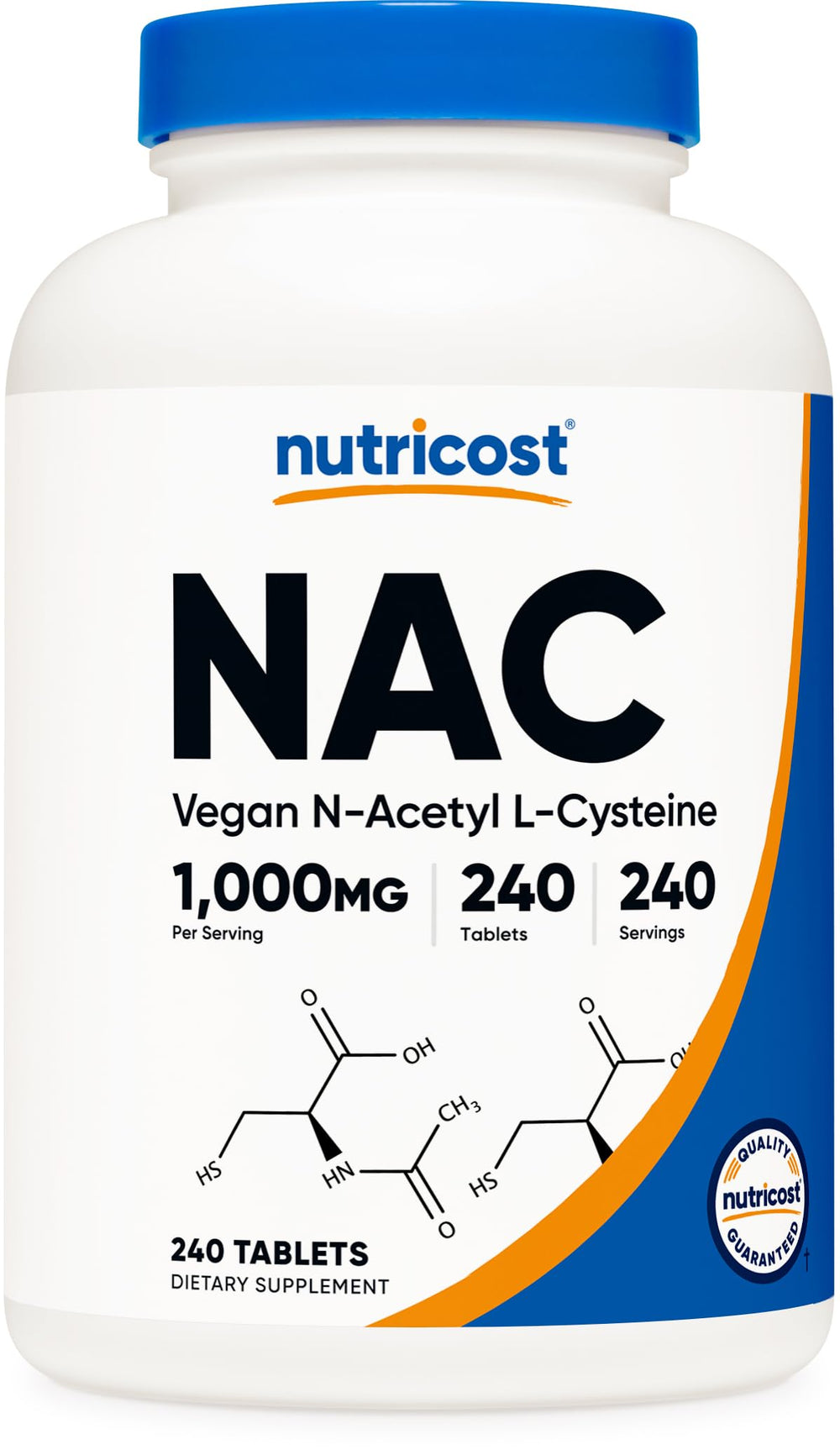 Nutricost NAC 1000 mg bottle front showing vegan tablets for daily wellness.