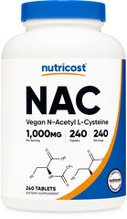 Nutricost NAC 1000 mg bottle front showing vegan tablets for daily wellness.