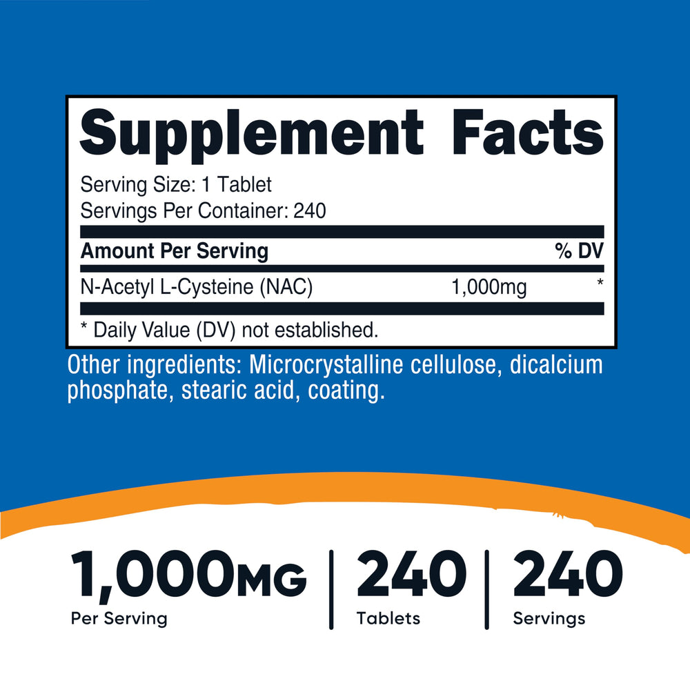 Nutricost NAC 1000 mg bottle label highlighting gluten-free and GMO-free ingredients.