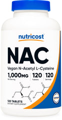 Nutricost NAC 1000 mg tablets front view for daily vegan supplementation