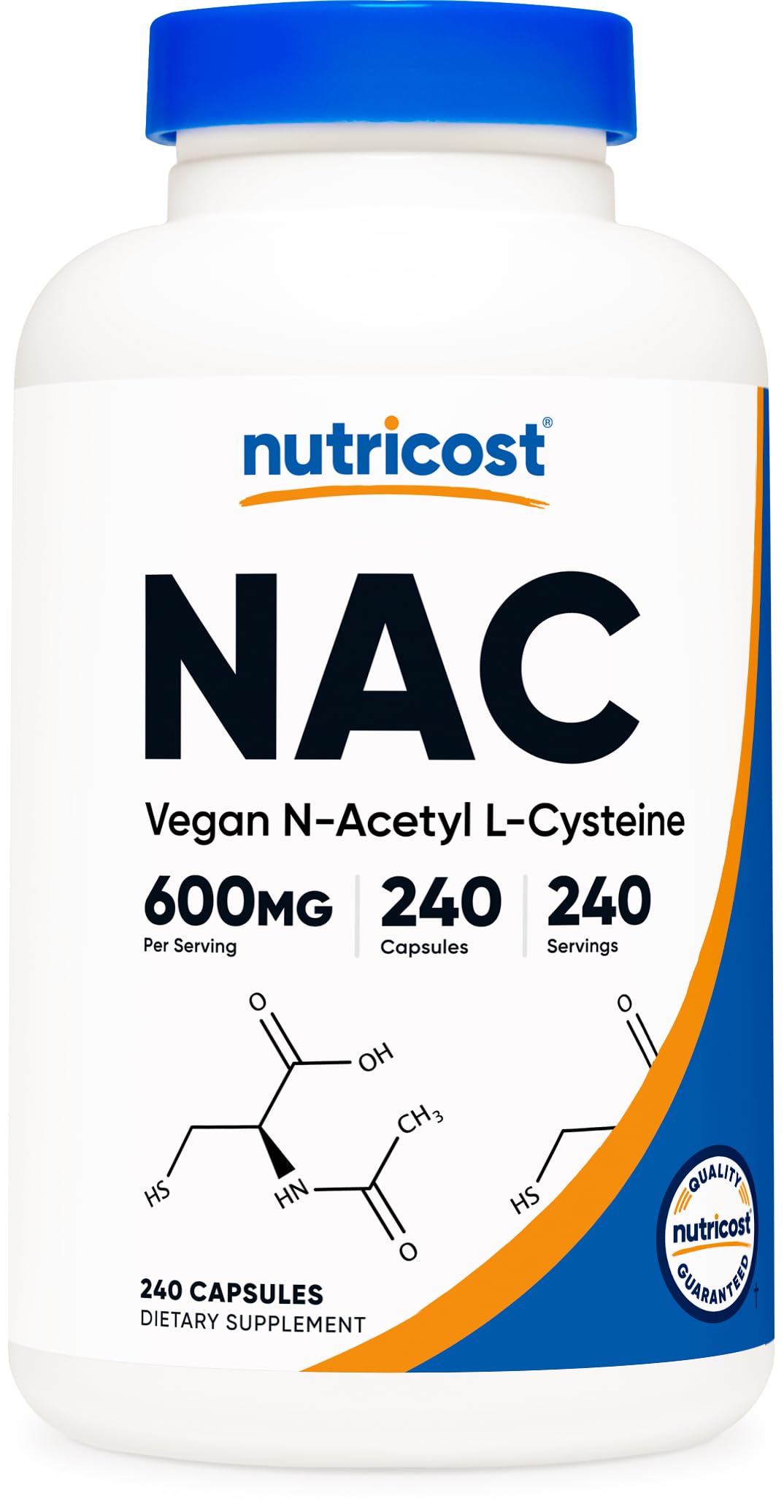 Nutricost NAC 600mg bottle on kitchen counter for daily supplementation.