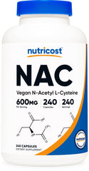 Nutricost NAC 600mg bottle on kitchen counter for daily supplementation.