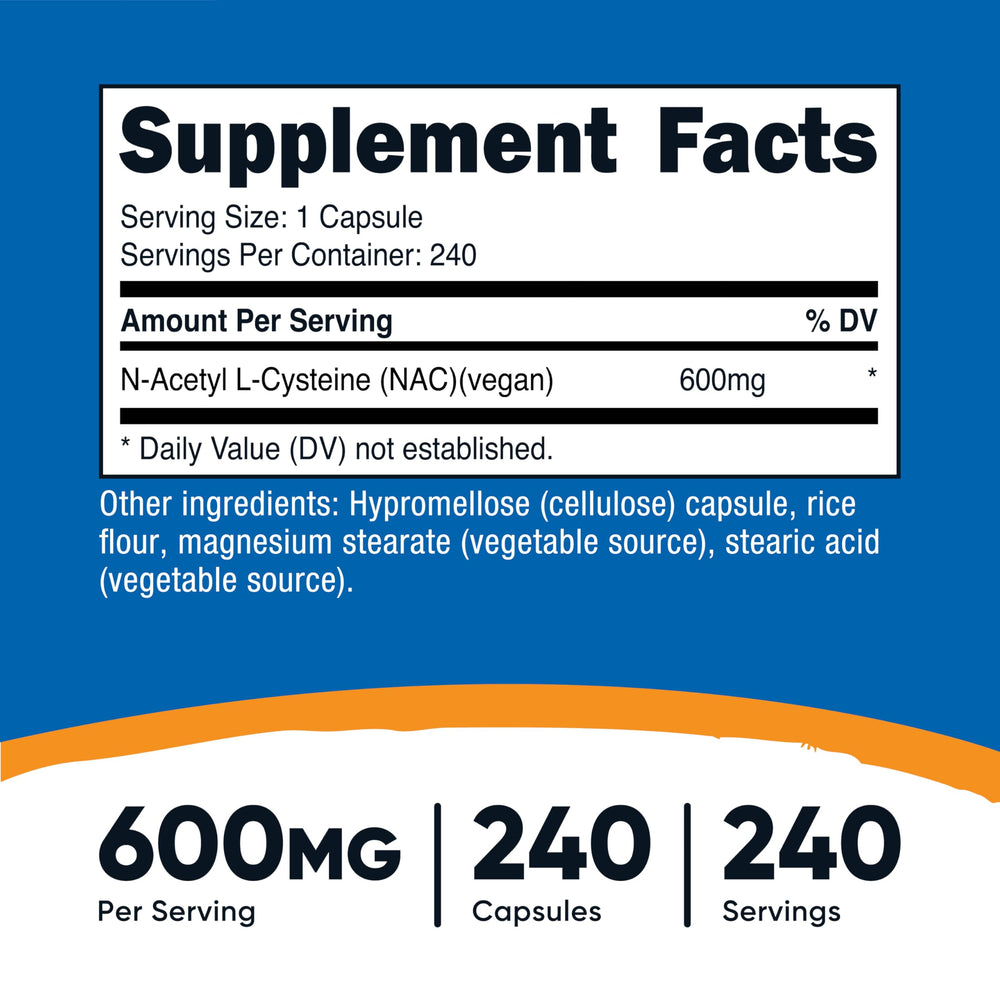 Nutricost NAC 600mg capsules close-up for easy daily use.
