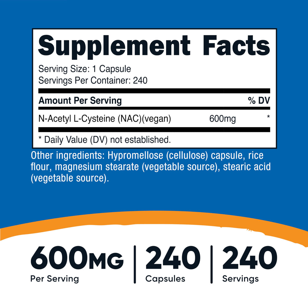 Nutricost NAC 600 mg veggie capsules close up, vegan formulation.