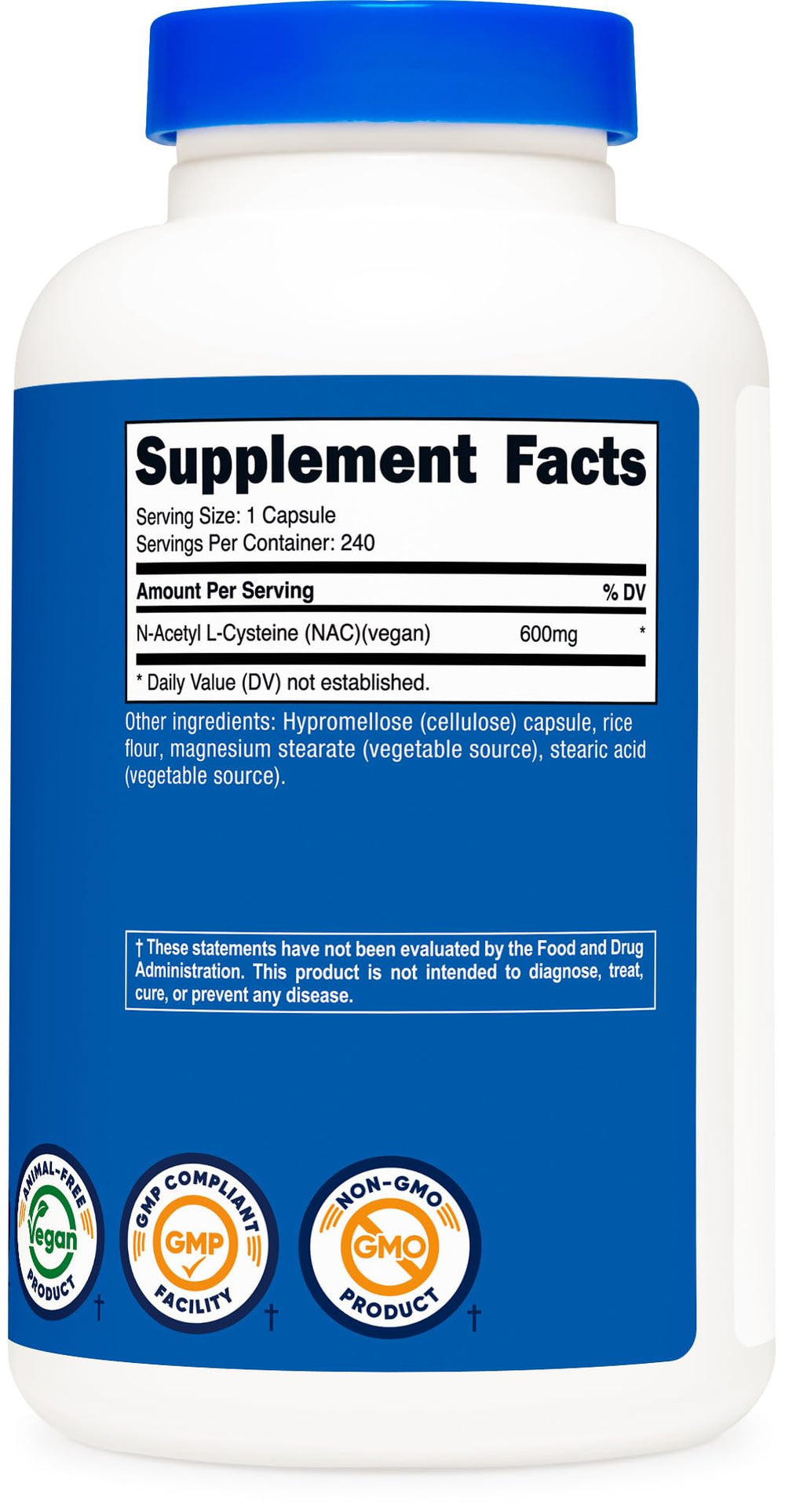 Nutricost NAC 600mg veggie capsules packaging with vegan logo.