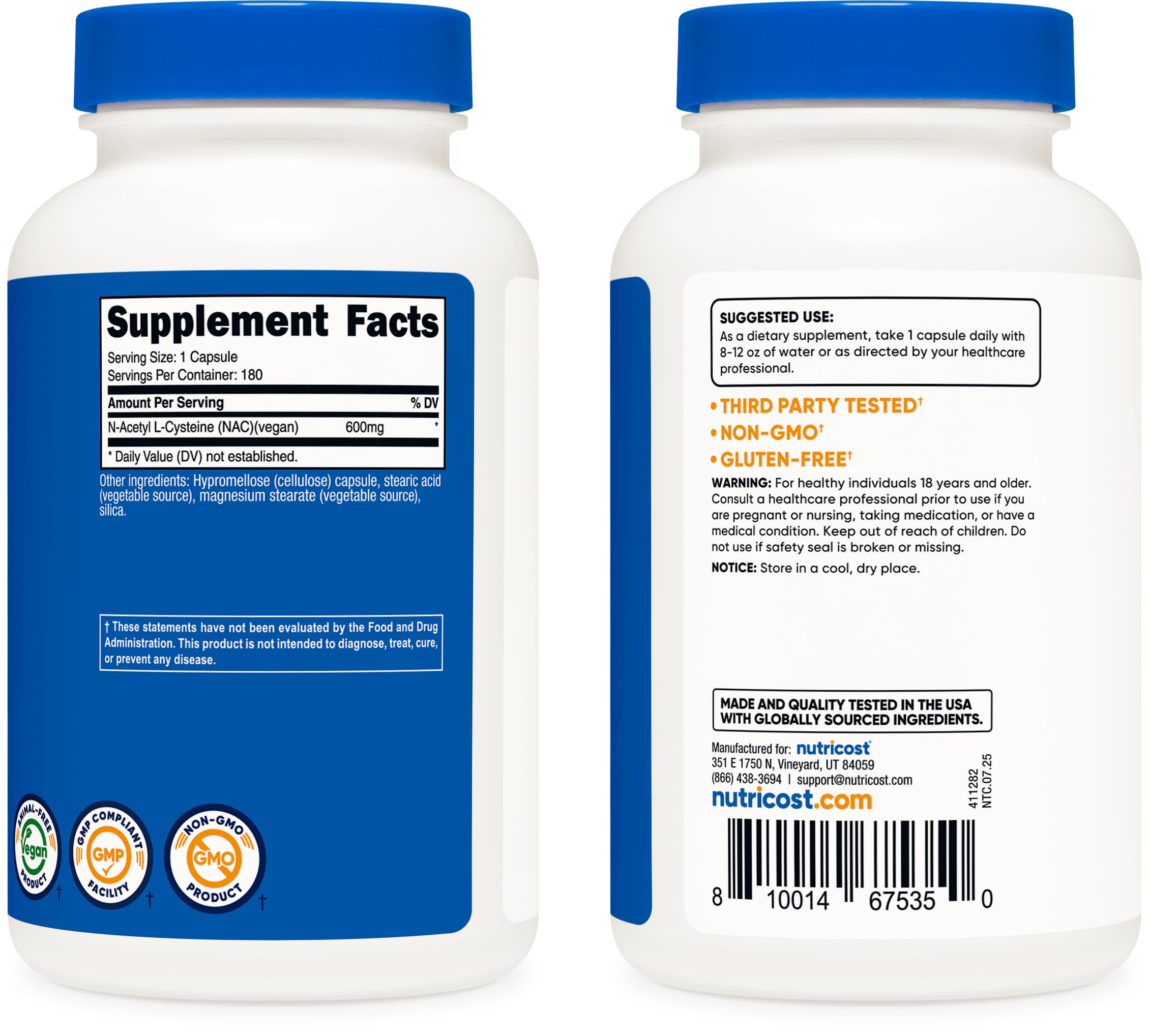 Nutricost NAC capsules inside bottle for convenient daily use
