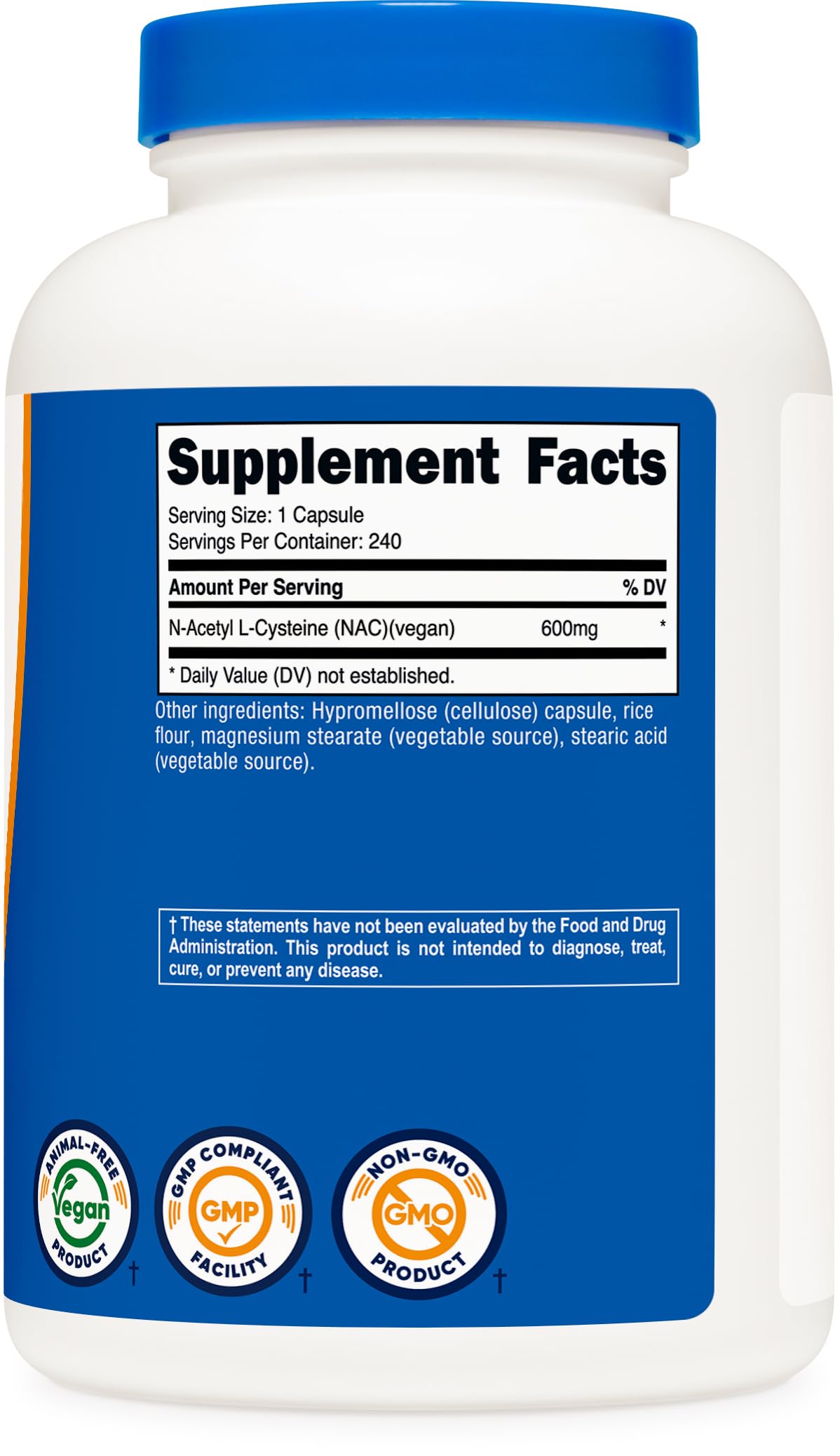 Nutricost NAC third party ISO testing badge on bottle.