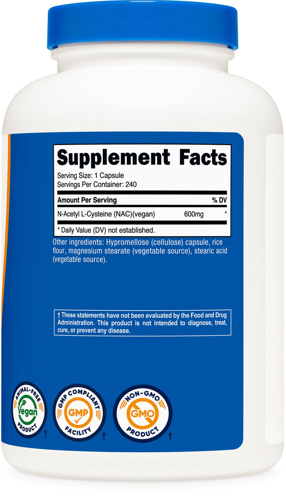 Nutricost NAC third party ISO testing badge on bottle.