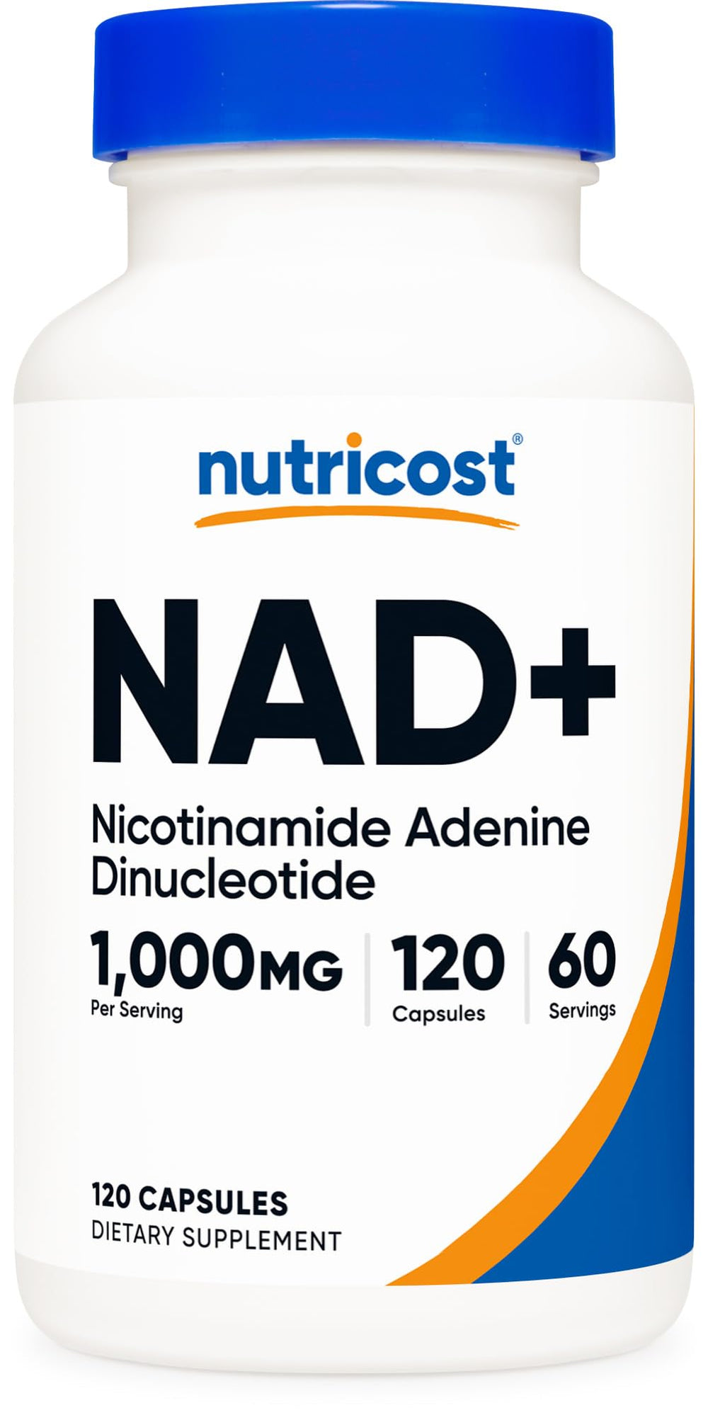 Nutricost NAD+ 1000 mg bottle for daily wellness, vegan-friendly use.