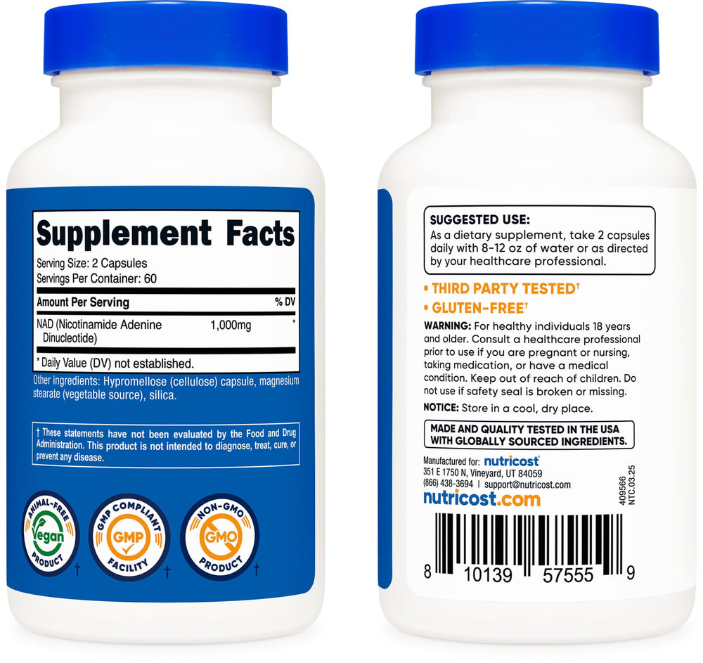 Nutricost NAD+ bottle on shelf suggests a long-lasting vegan gluten-free option.