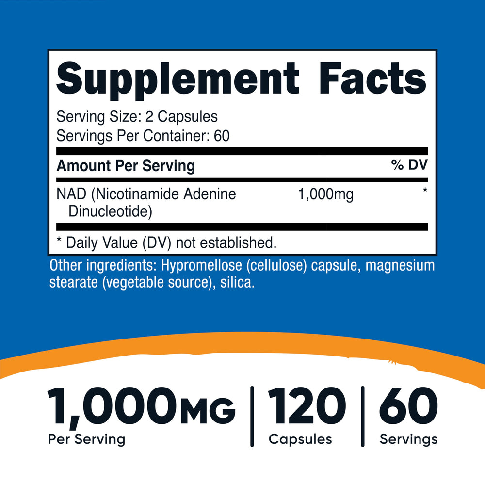 Nutricost NAD+ capsules close-up showing convenient daily capsules.