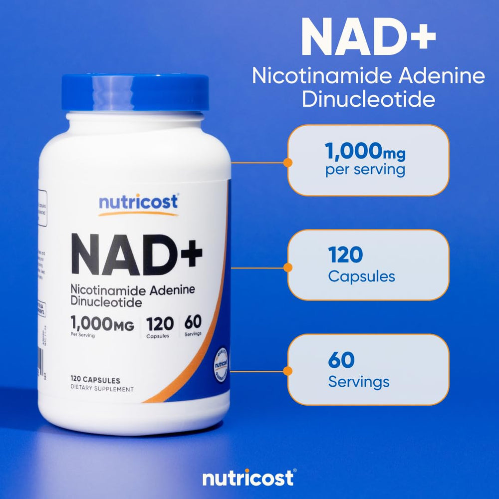 Nutricost NAD+ serving pack shows 60 servings for a steady routine.
