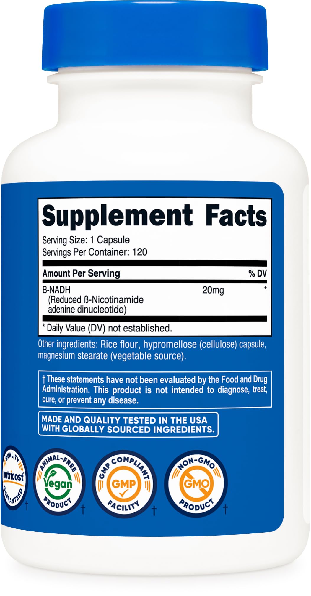 Nutricost NADH bottle beside a glass of water for daily dosing