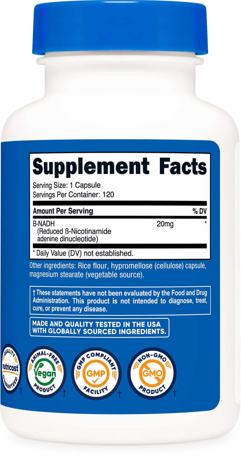 Nutricost NADH bottle beside a glass of water for daily dosing