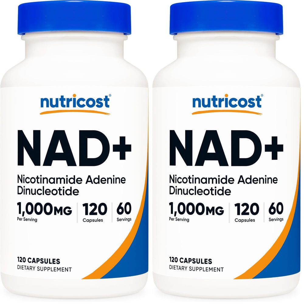 Nutricost NAD+ bottle front view with 1000 mg per serving for daily wellness.