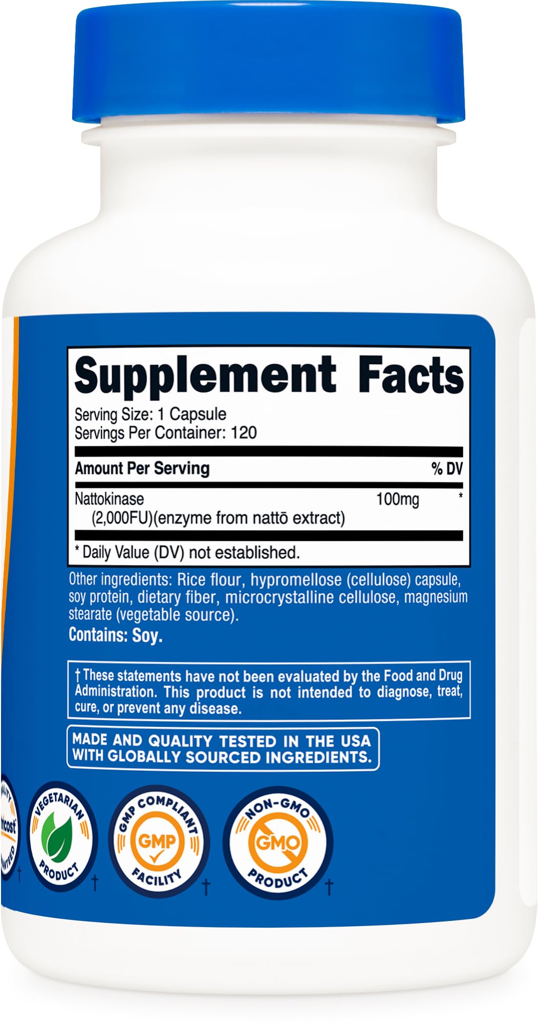 Nutricost nattokinase ingredients panel close-up with non-GMO and gluten-free claims.