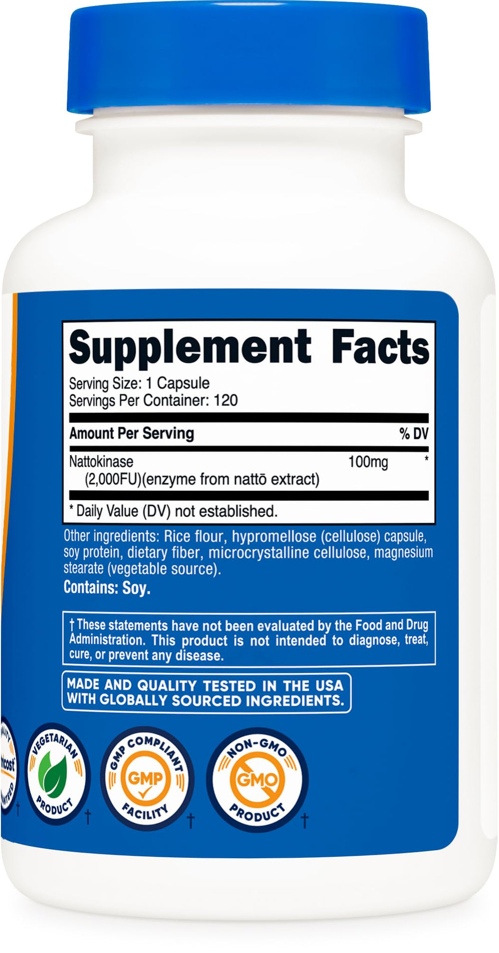 Nutricost nattokinase ingredients panel close-up with non-GMO and gluten-free claims.