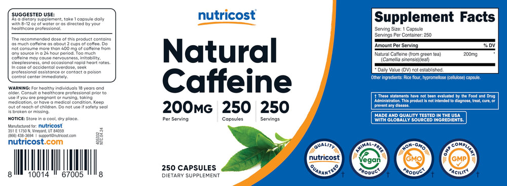 Nutricost Natural Caffeine bottle in hand for on-the-go energy