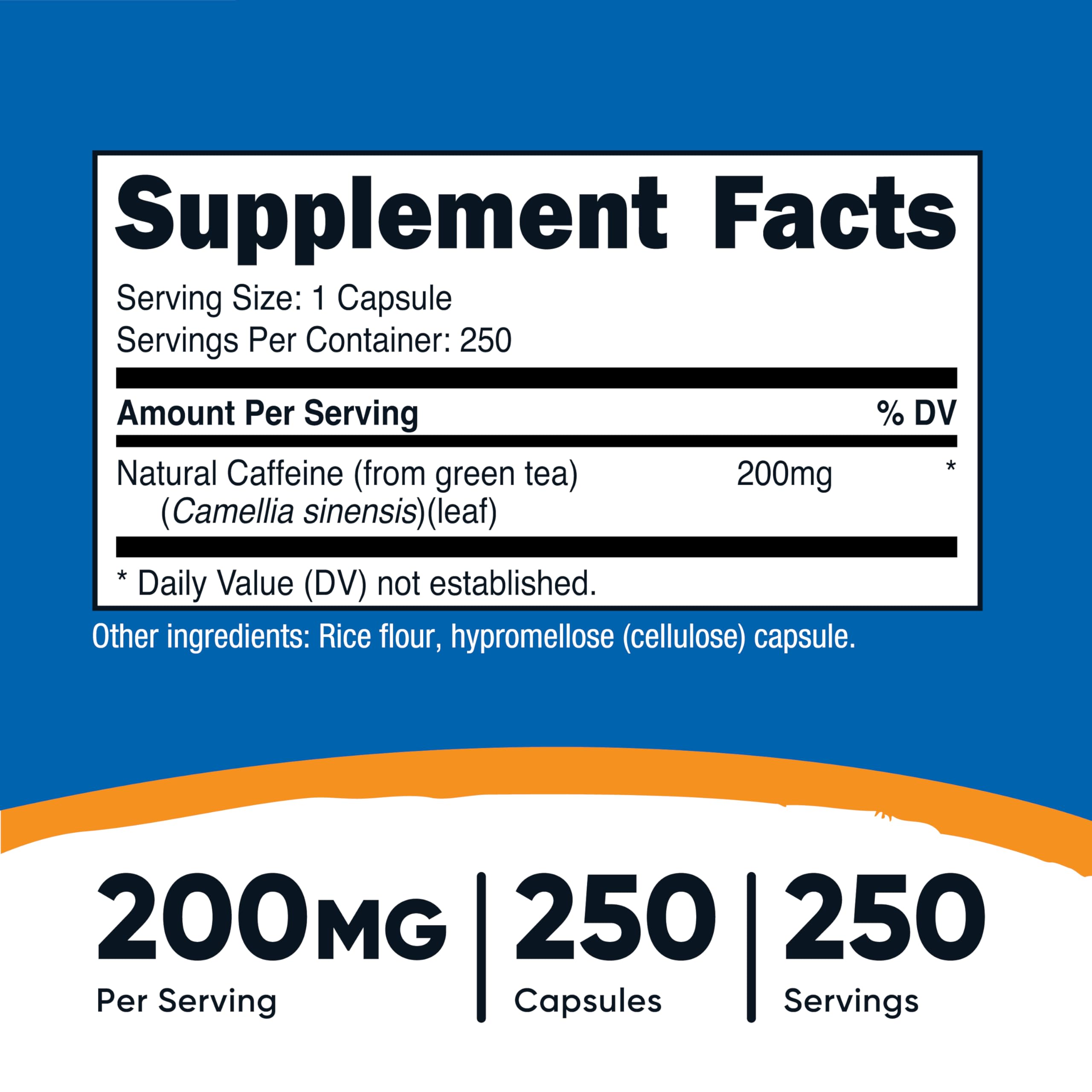 Nutricost Natural Caffeine bottle label detailing caffeine content and serving size