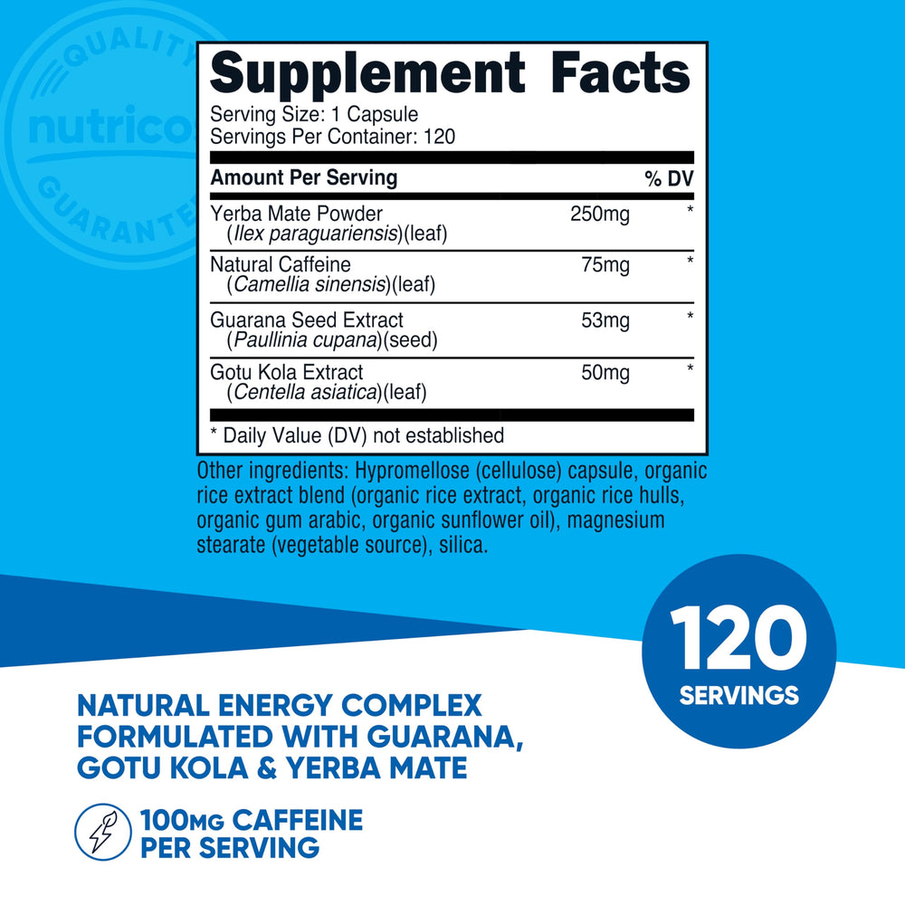Nutricost natural energy pills capsules close-up highlighting 100 mg caffeine per capsule for a focused boost.