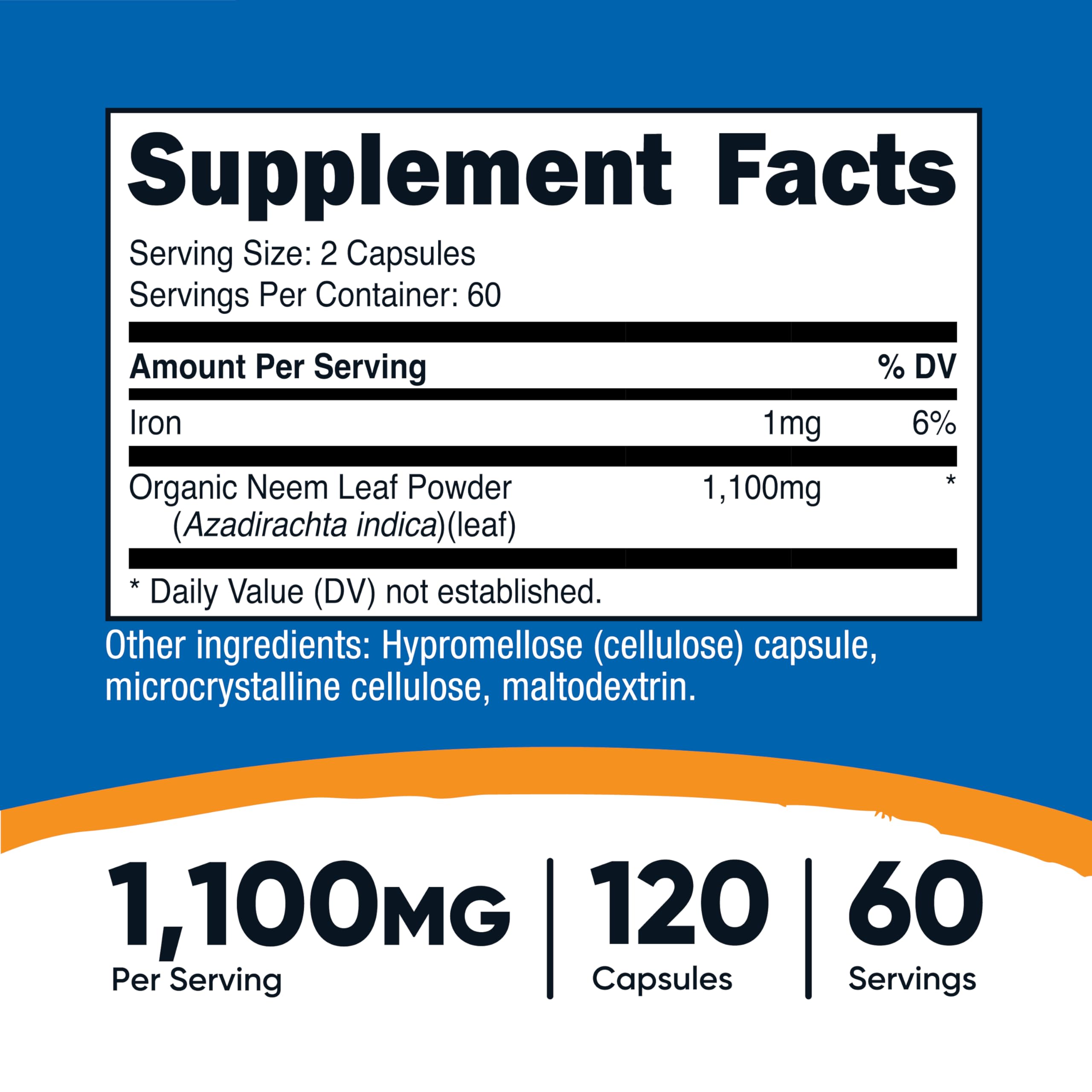 Nutricost Neem Leaf Capsules serving info showing two capsules per serving