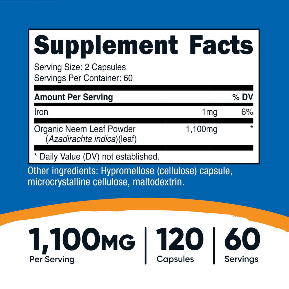 Nutricost Neem Leaf Capsules serving info showing two capsules per serving