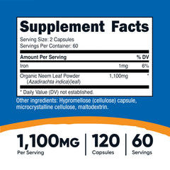 Nutricost Neem Leaf Capsules serving info showing two capsules per serving