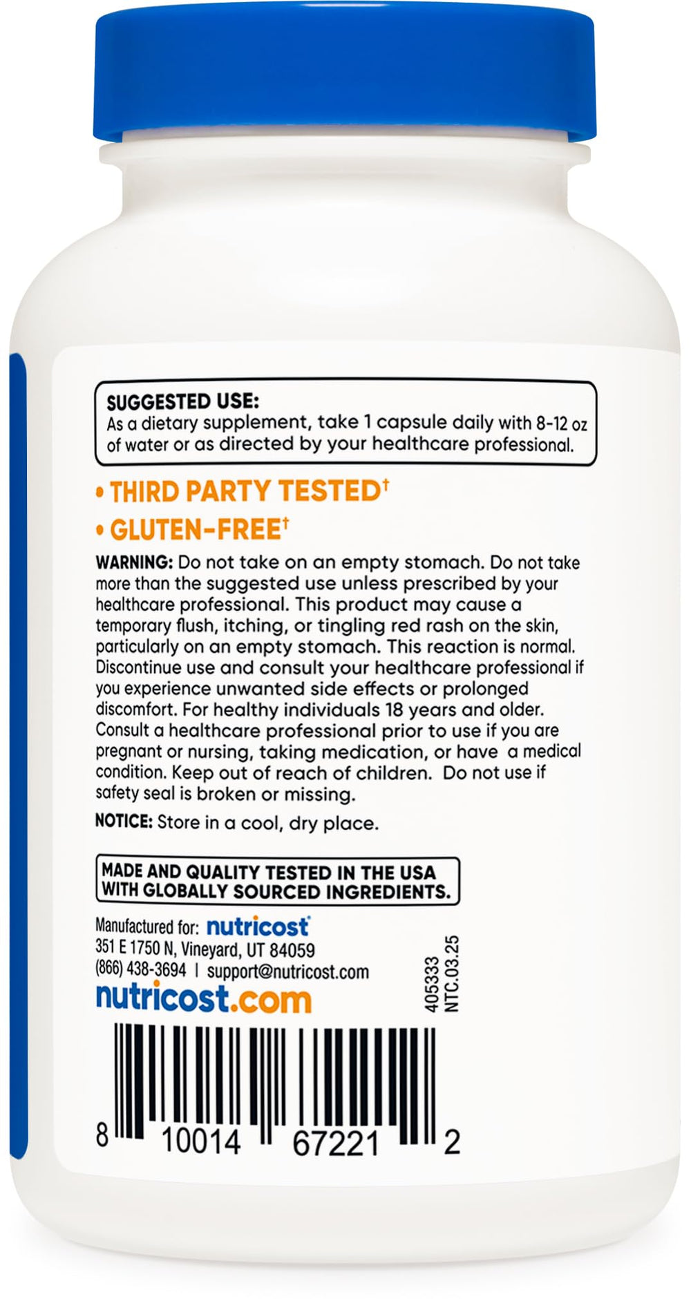 Nutricost Niacin packaging shows gluten-free and Non-GMO certification